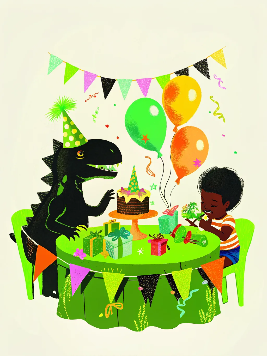 Dinosaur at a party table — birthday party invitation design