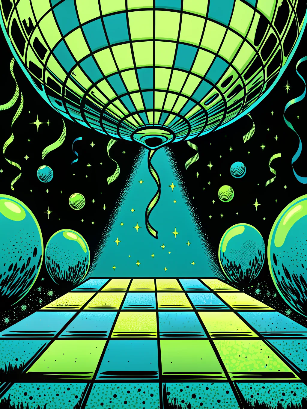 Disco ball over a dance floor — birthday party invitation design