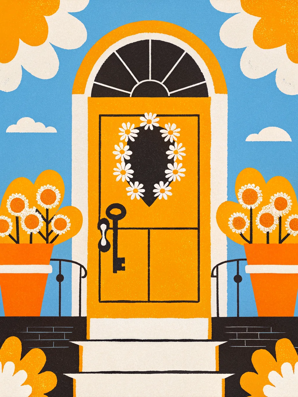 A front door with a spring wreath — housewarming invitation design