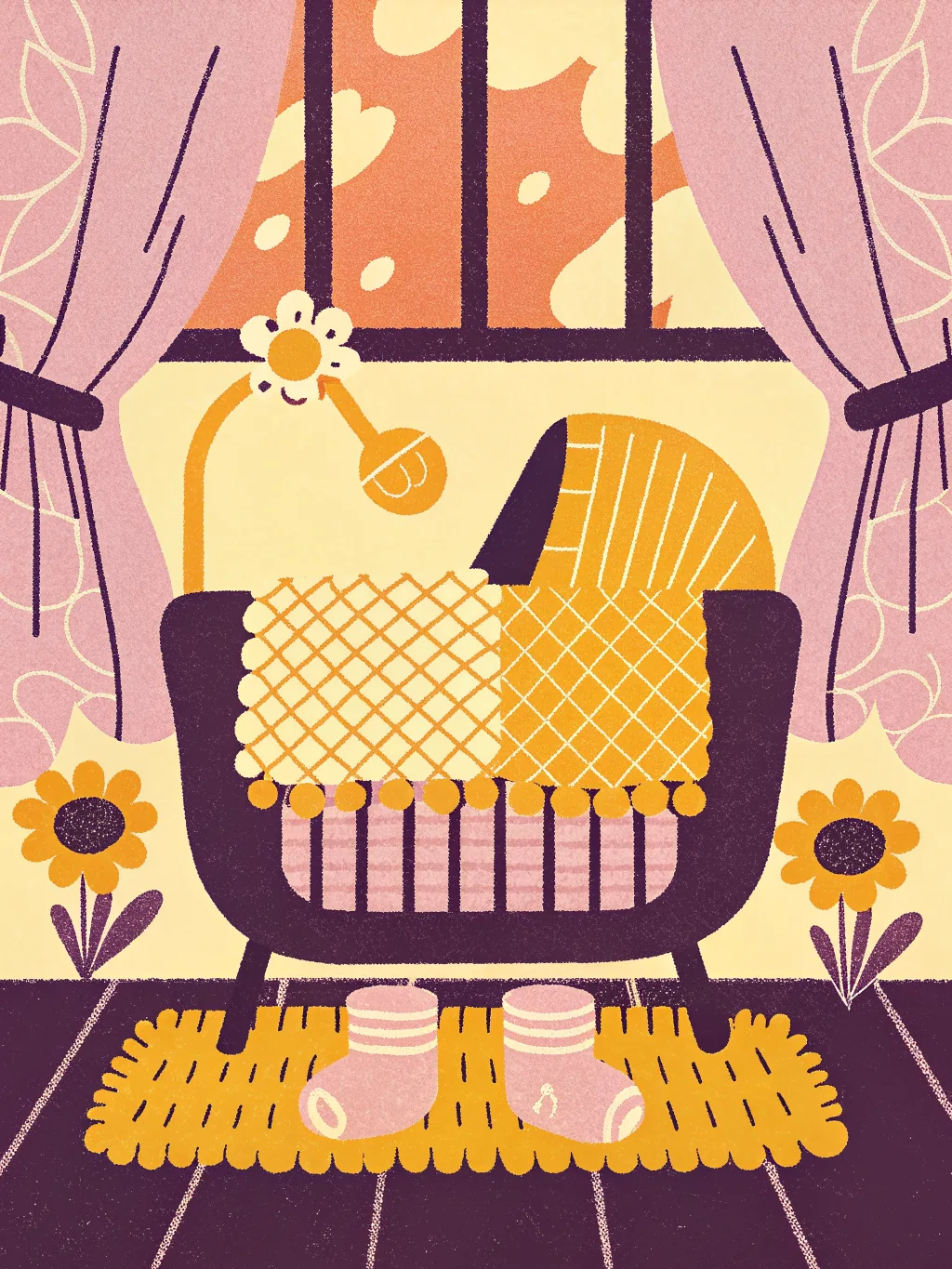 Cradle and knitted booties — baby shower invitation design