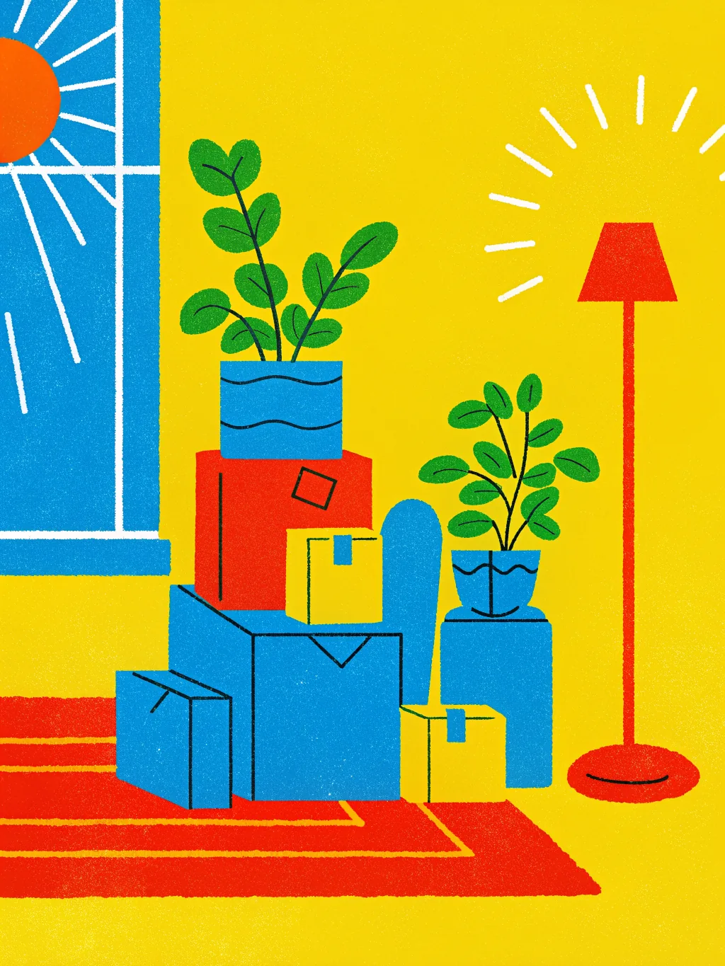 Moving boxes and a lamp — housewarming invitation design
