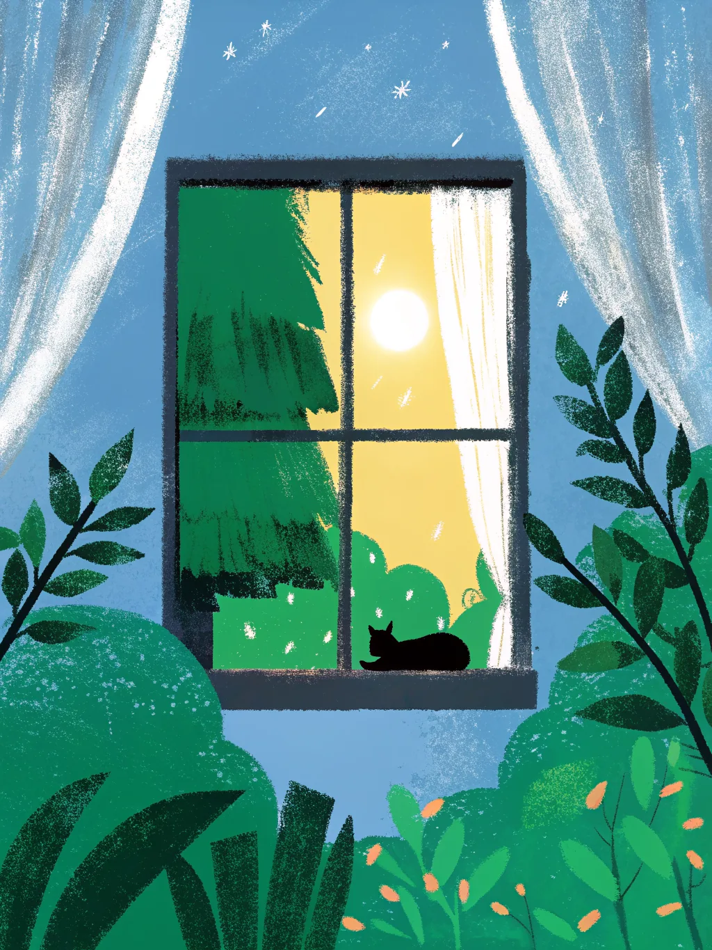 A lit window at dusk — housewarming invitation design