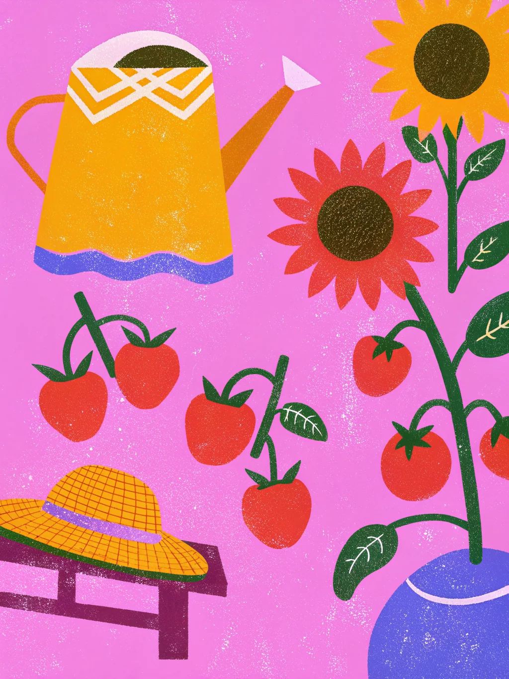 Sunflowers, tomatoes and a watering can — retirement party invitation design