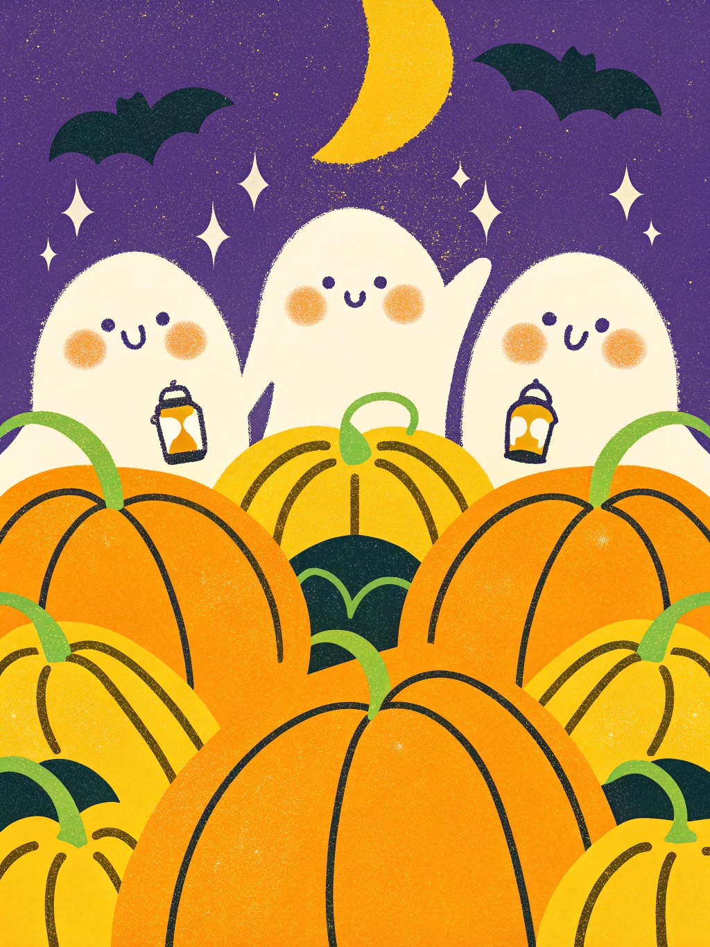 Three little ghosts over a pumpkin patch — Halloween card design