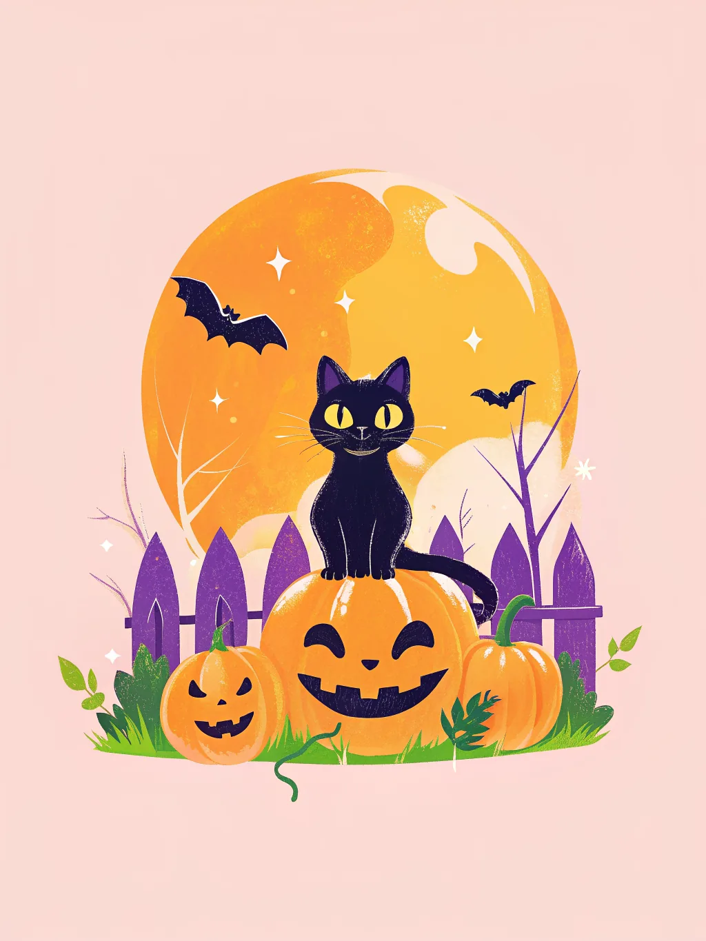 A black cat on a jack-o’-lantern under the moon — Halloween card design