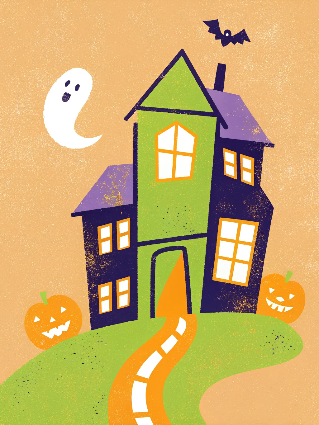 A crooked house with glowing windows — Halloween card design