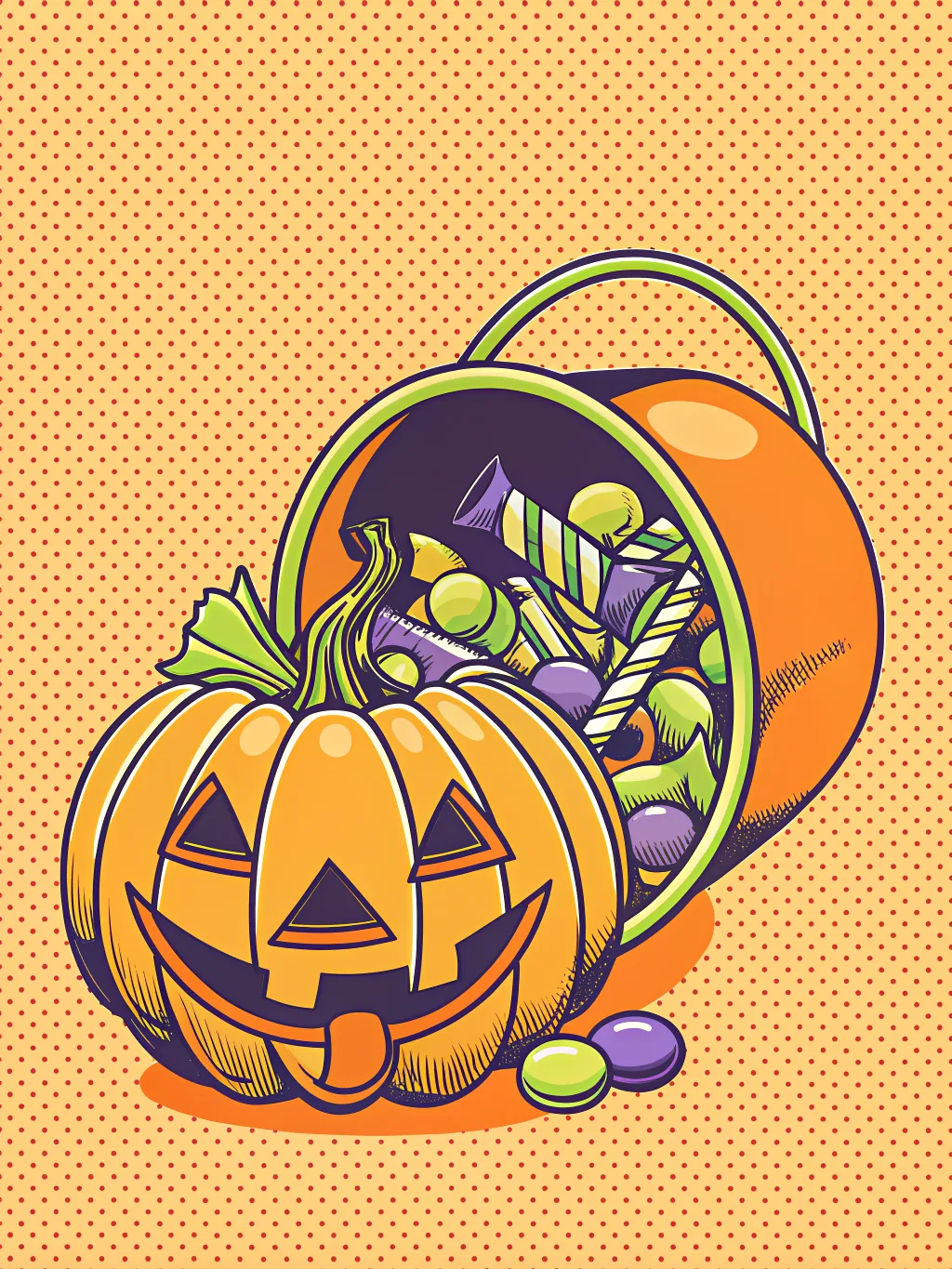 A jack-o’-lantern bucket spilling candy — Halloween card design