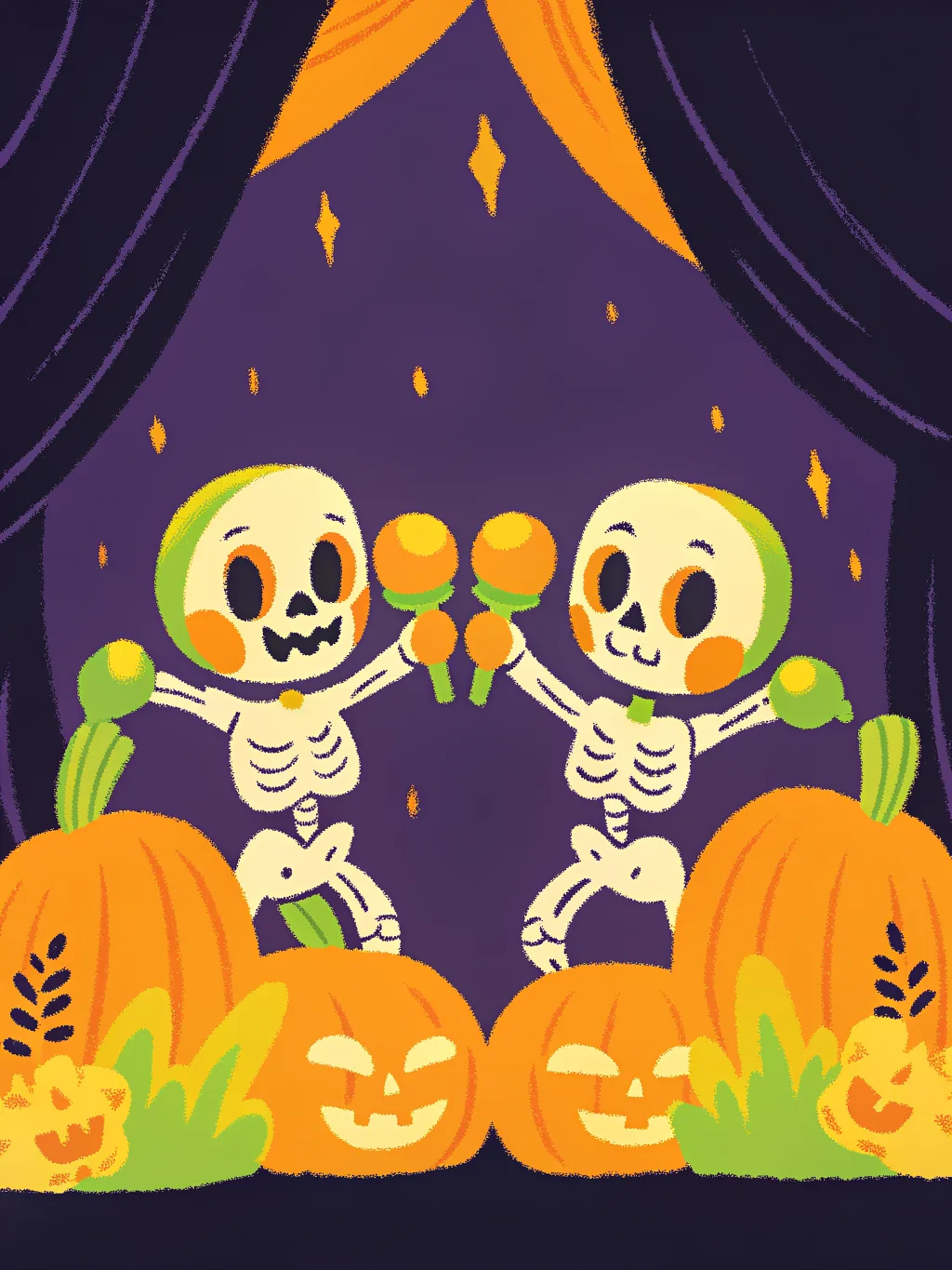 Two skeletons dancing with maracas — Halloween card design