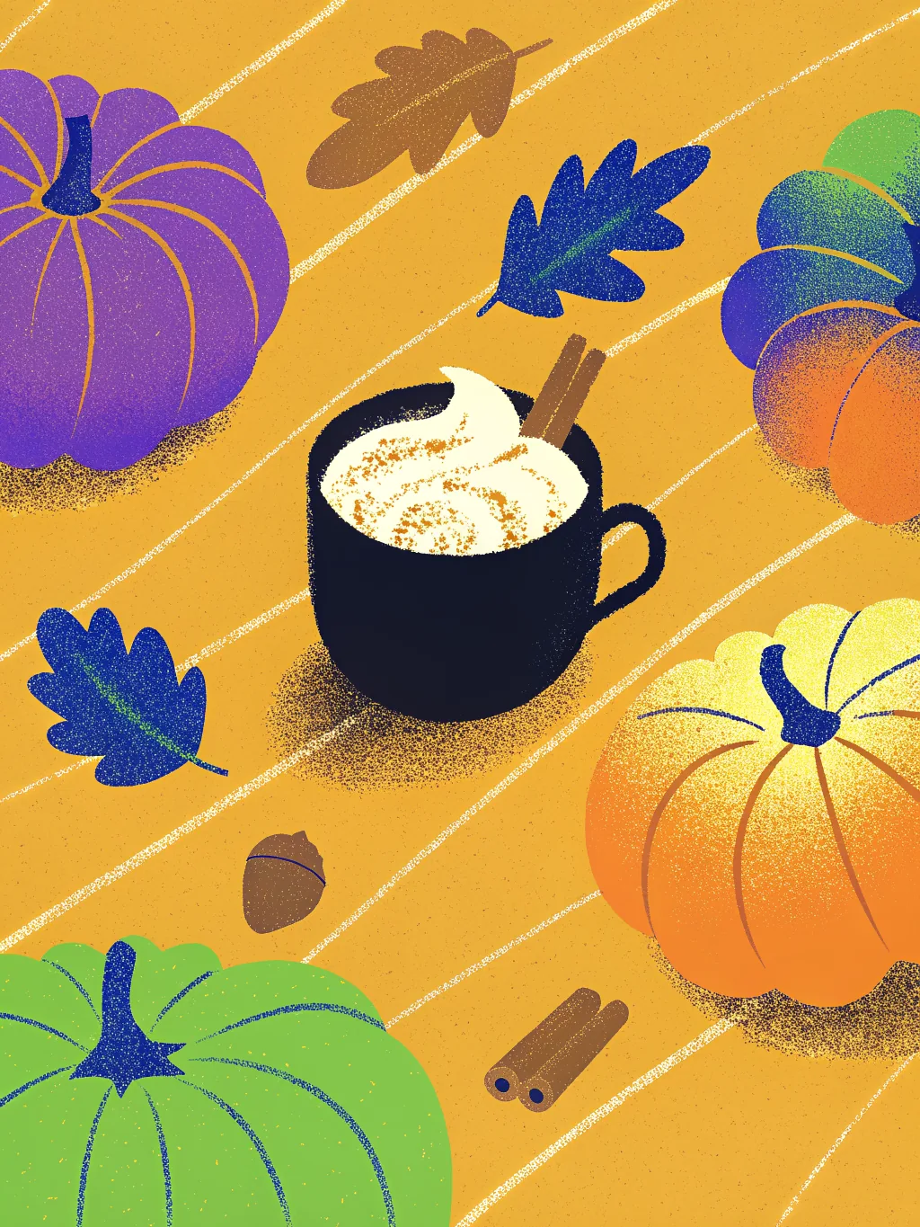 A pumpkin spice latte among pumpkins — Halloween card design