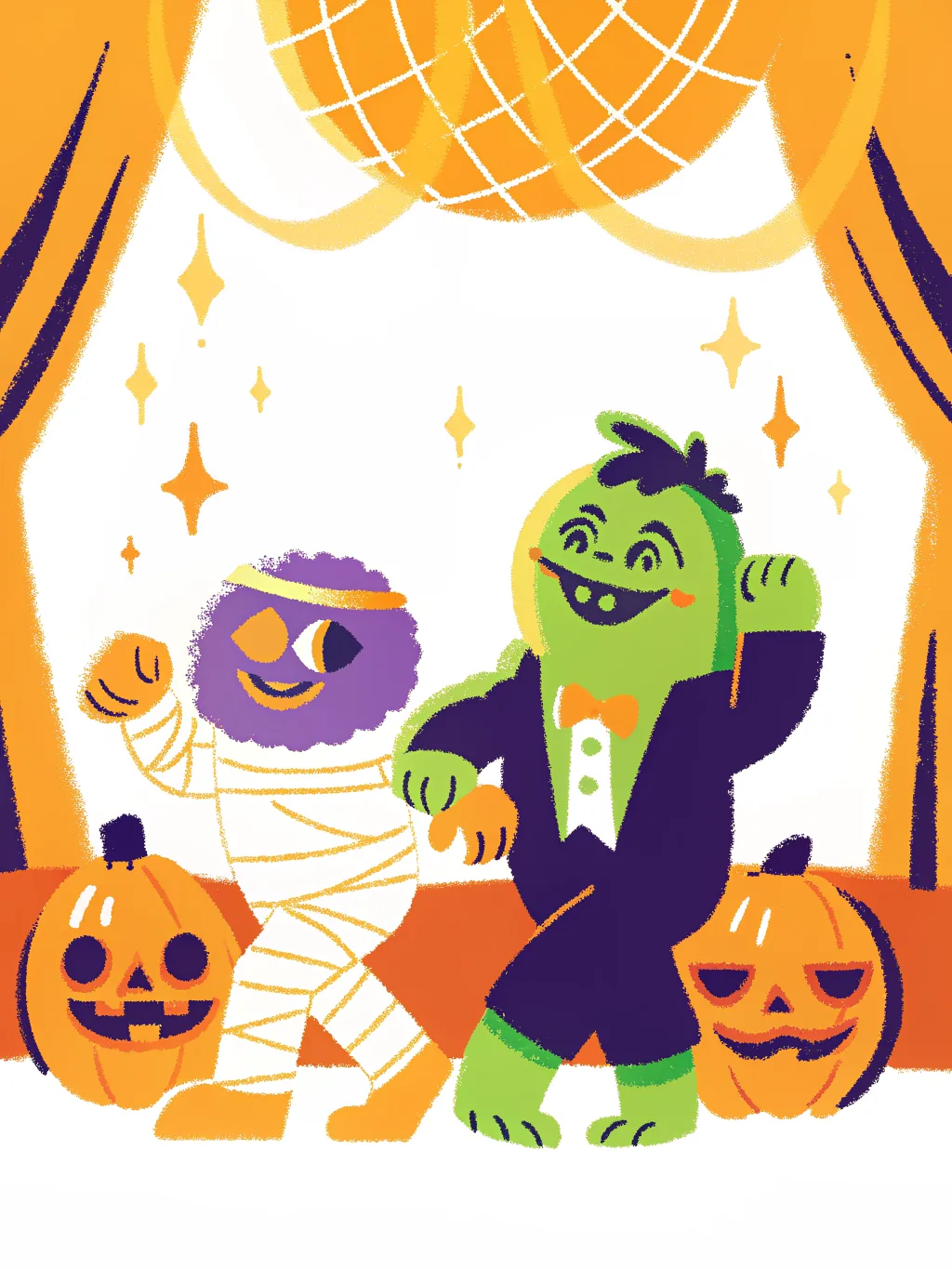 Cartoon monsters dancing under a disco ball — Halloween card design