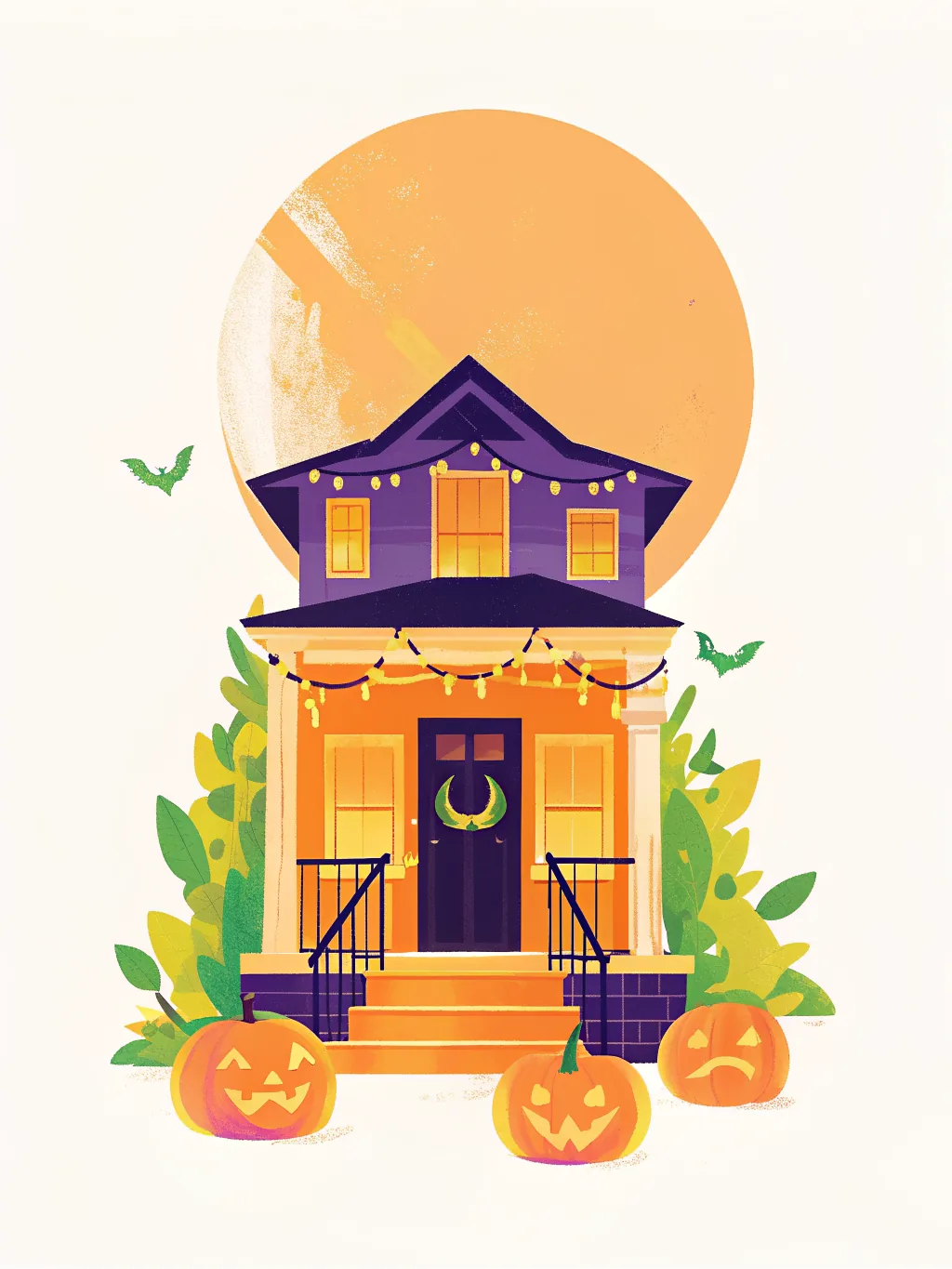 A porch dressed for trick-or-treaters — Halloween card design