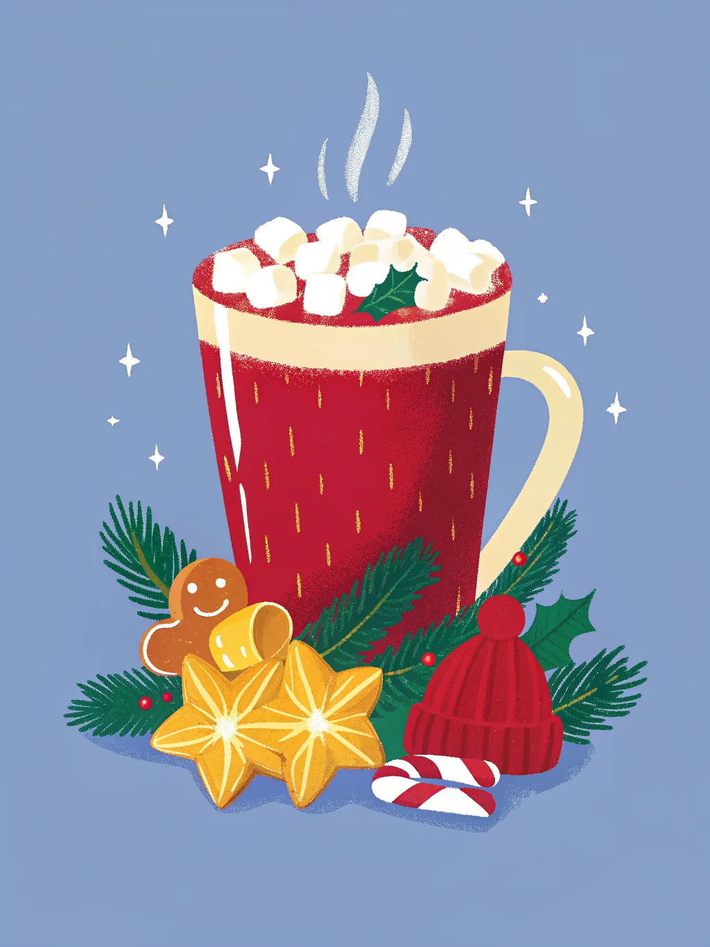 A mug of cocoa in a tiny knitted hat — Christmas party invitation design