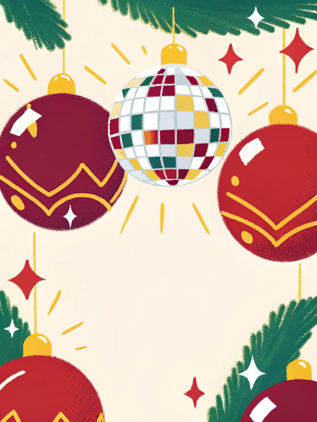 A disco ball among Christmas baubles — Christmas party invitation design
